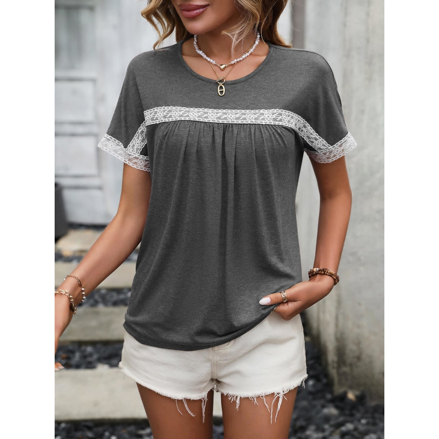 Contrast Round Neck Short Sleeve Tee Dark Gray / S