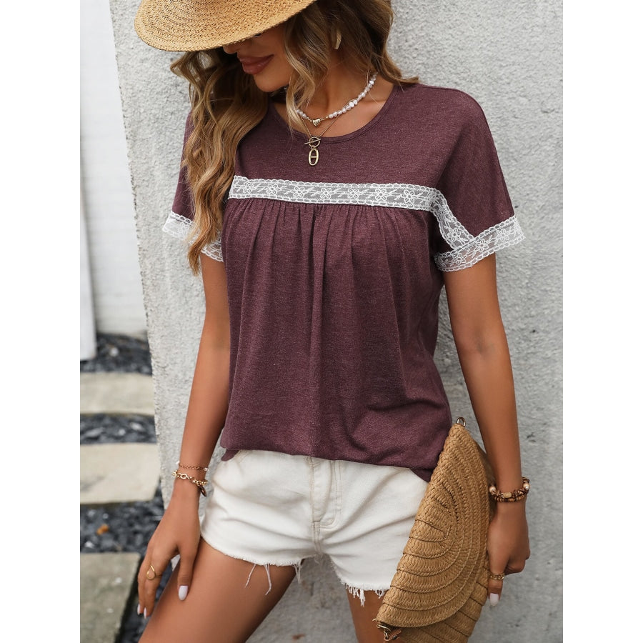 Contrast Round Neck Short Sleeve Tee Wine / S