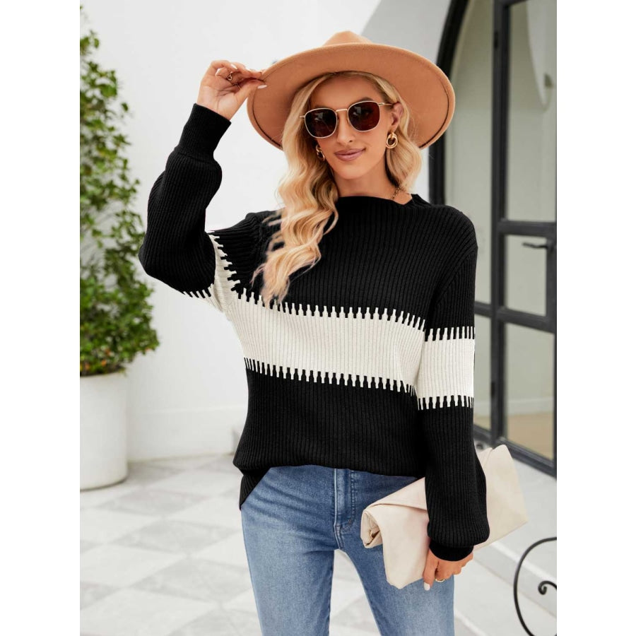 Contrast Round Neck Sweater Black / S