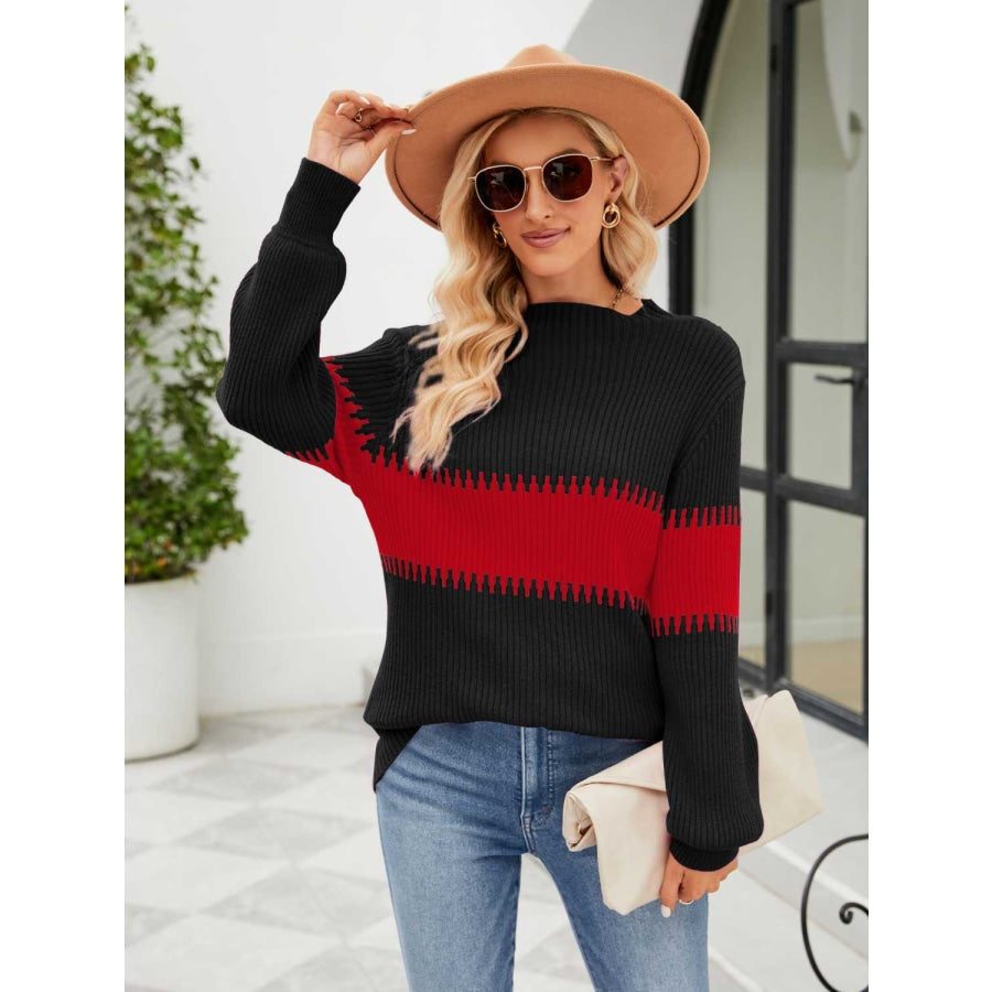 Contrast Round Neck Sweater Deep Red / S