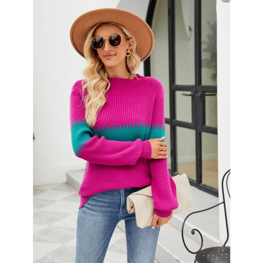 Contrast Round Neck Sweater Hot Pink / S