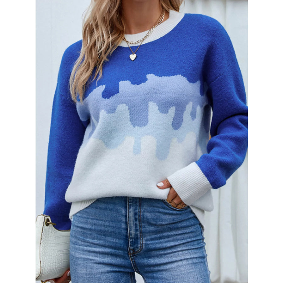 Contrast Round Neck Sweater Royal Blue / S Apparel and Accessories
