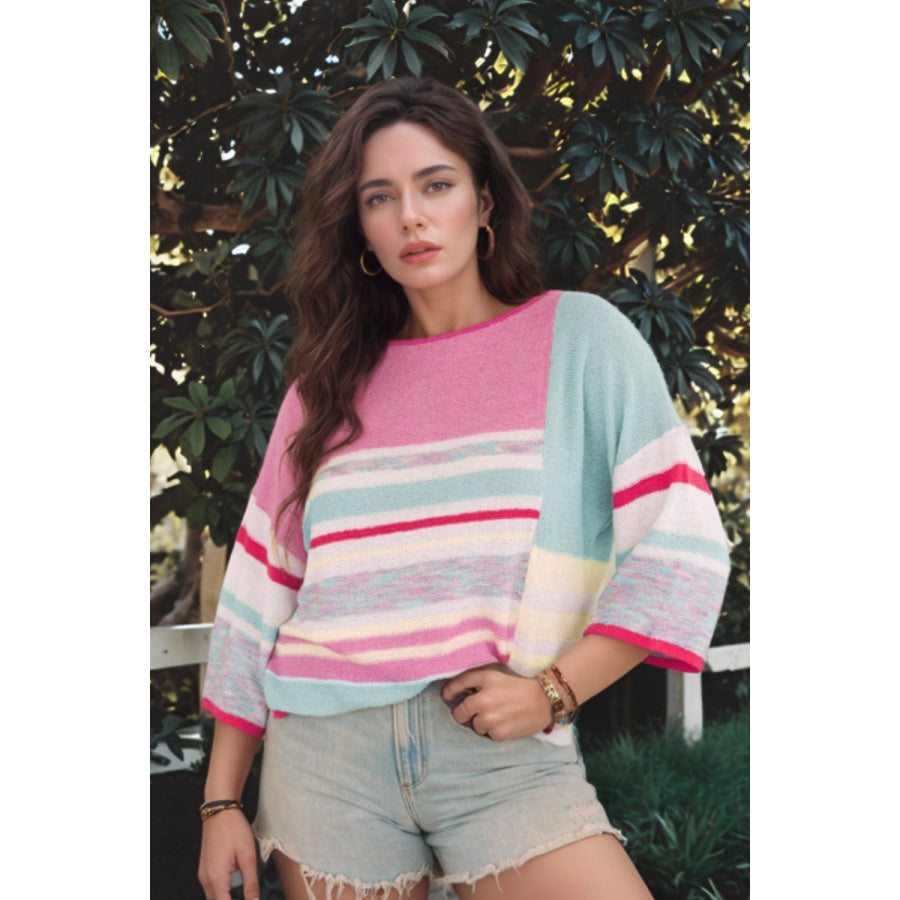 Contrast Round Neck Three-Quarter Sleeve Knit Top Pink / S Apparel and Accessories