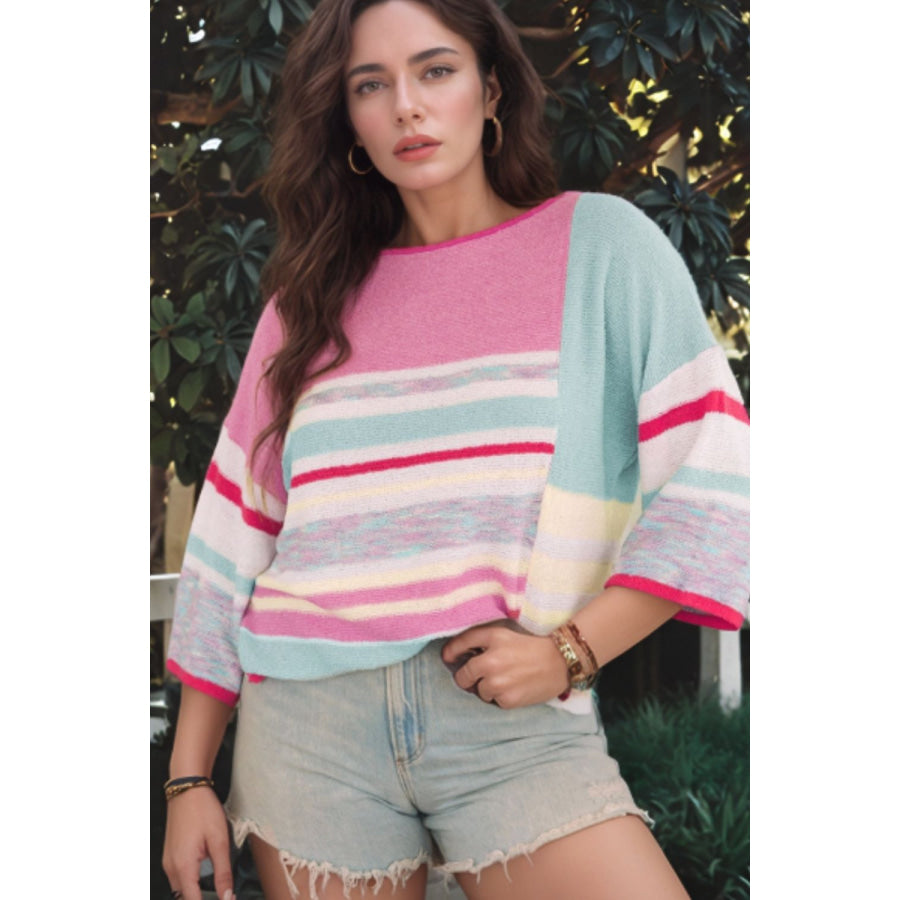 Contrast Round Neck Three-Quarter Sleeve Knit Top Pink / S Apparel and Accessories