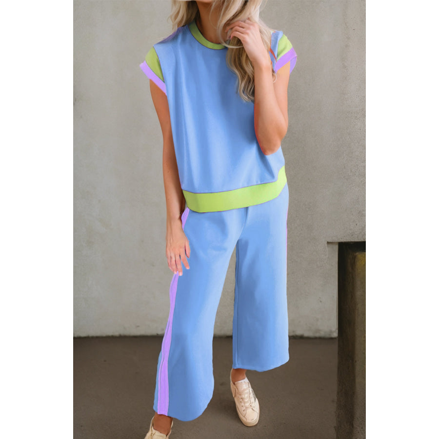 Contrast Round Neck Top and Pants Set Pastel Blue / S Apparel and Accessories