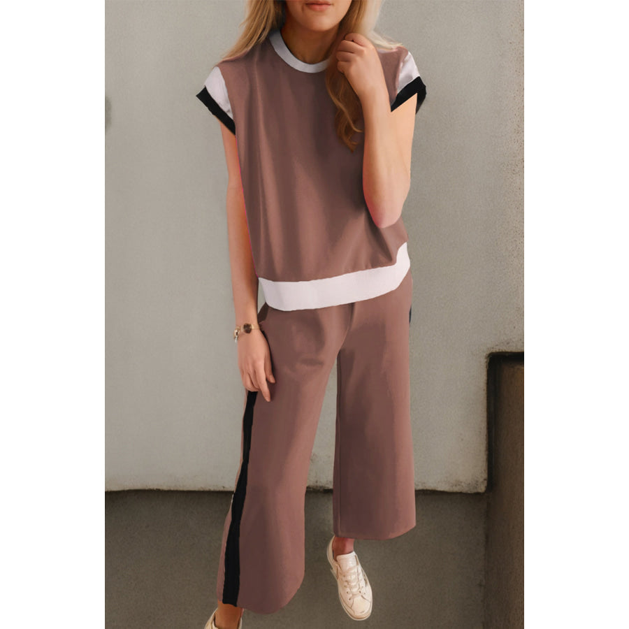 Contrast Round Neck Top and Pants Set Apparel and Accessories