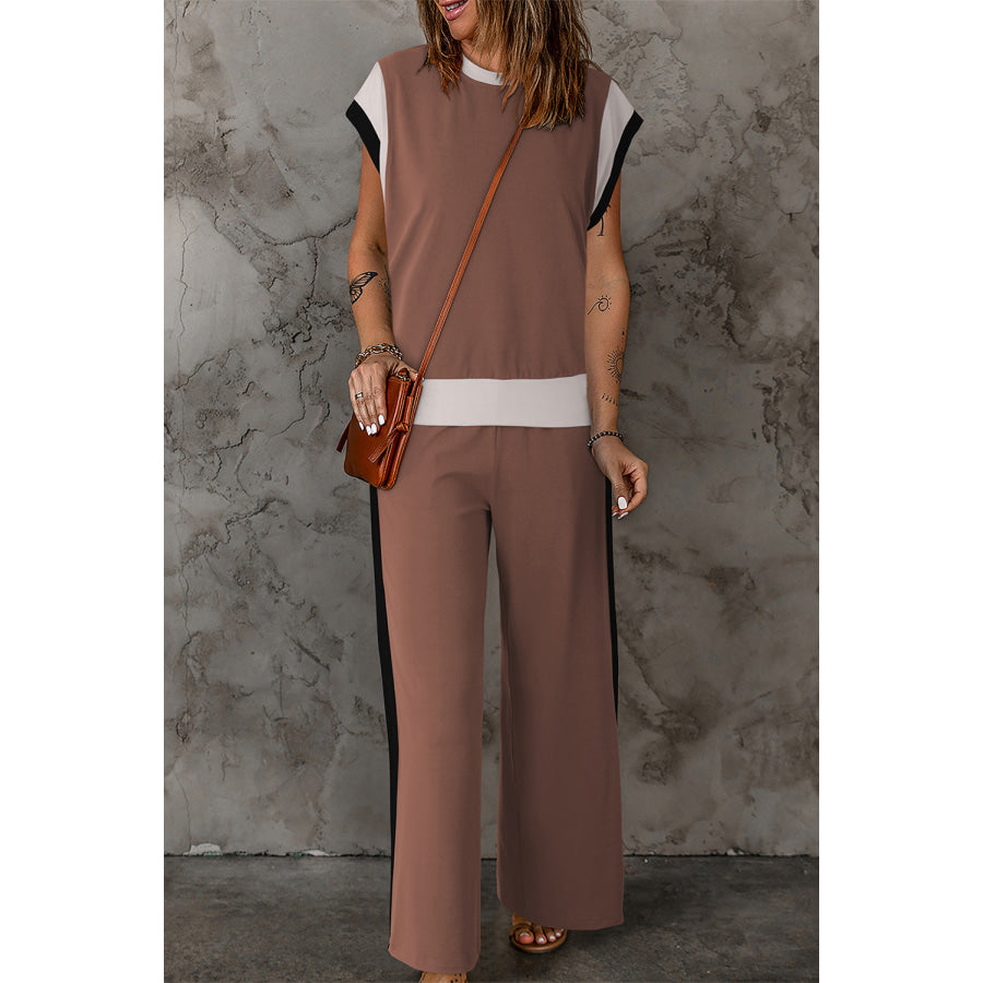 Contrast Round Neck Top and Pants Set Chestnut / S Apparel and Accessories