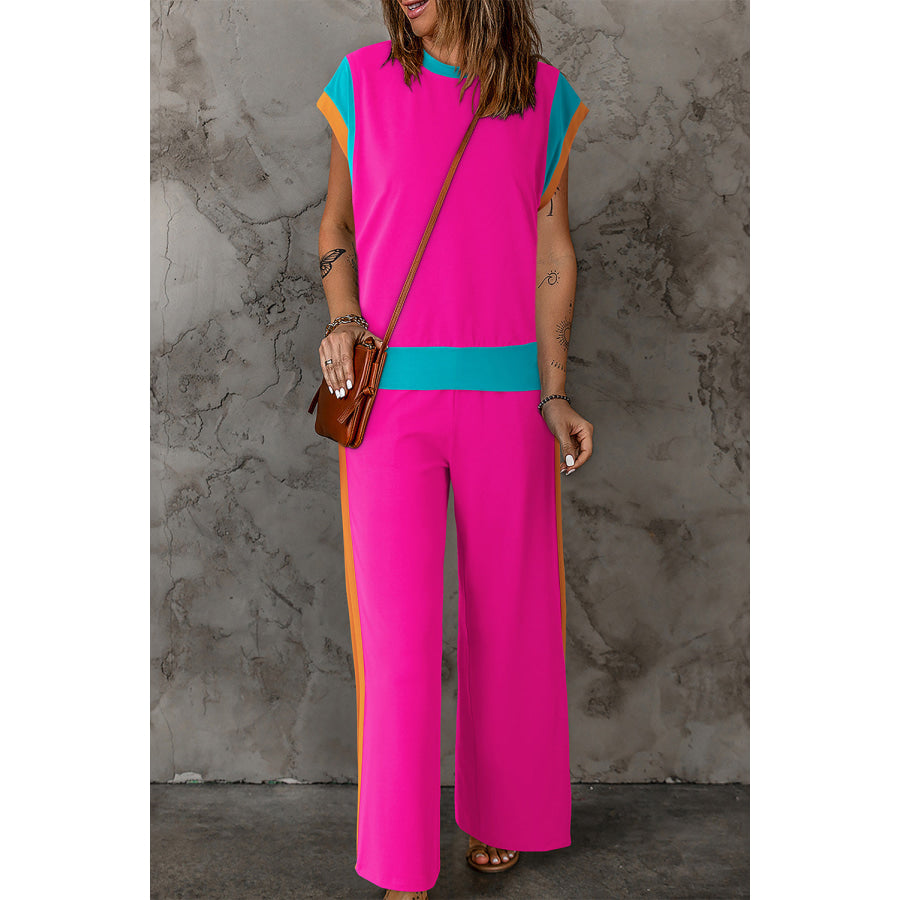 Contrast Round Neck Top and Pants Set Hot Pink / S Apparel and Accessories