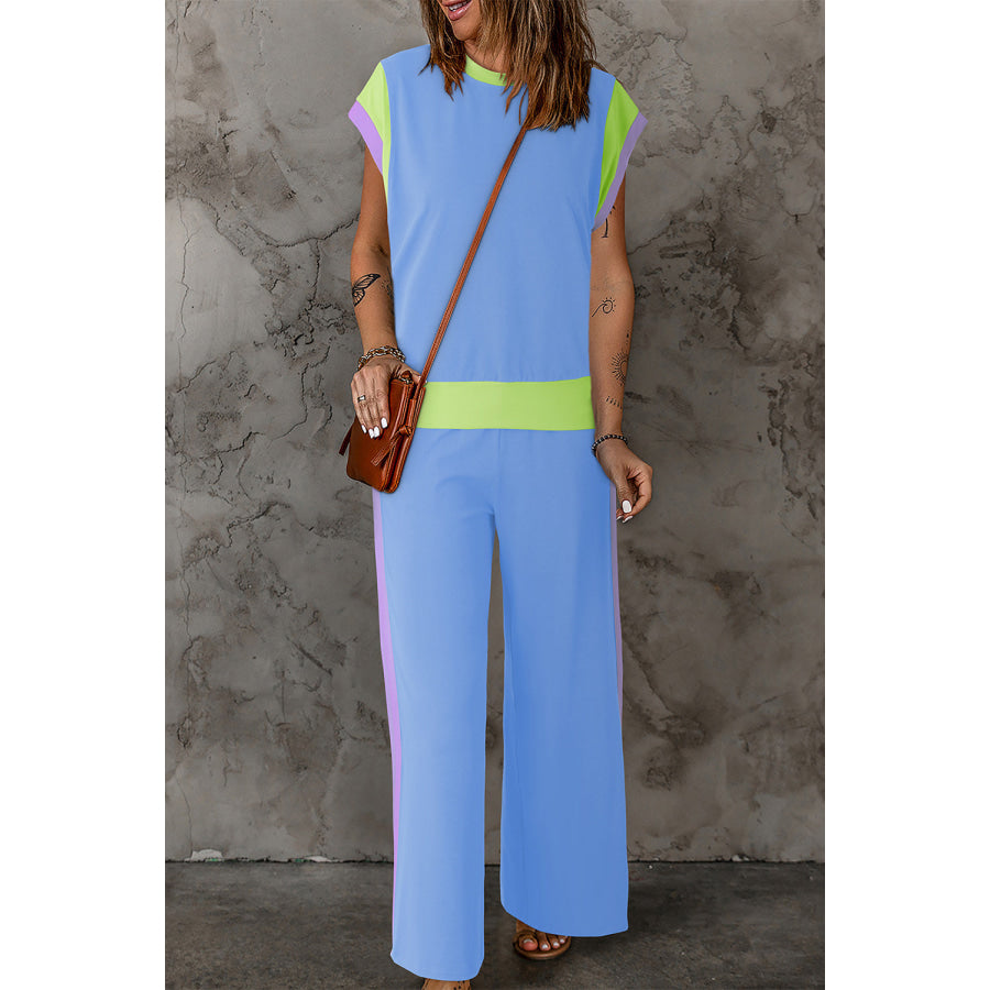 Contrast Round Neck Top and Pants Set Pastel Blue / S Apparel and Accessories