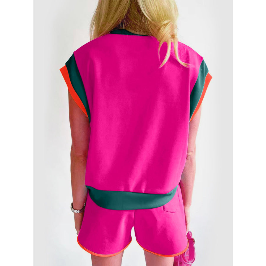 Contrast Round Neck Top and Shorts Set Hot Pink / S Apparel and Accessories