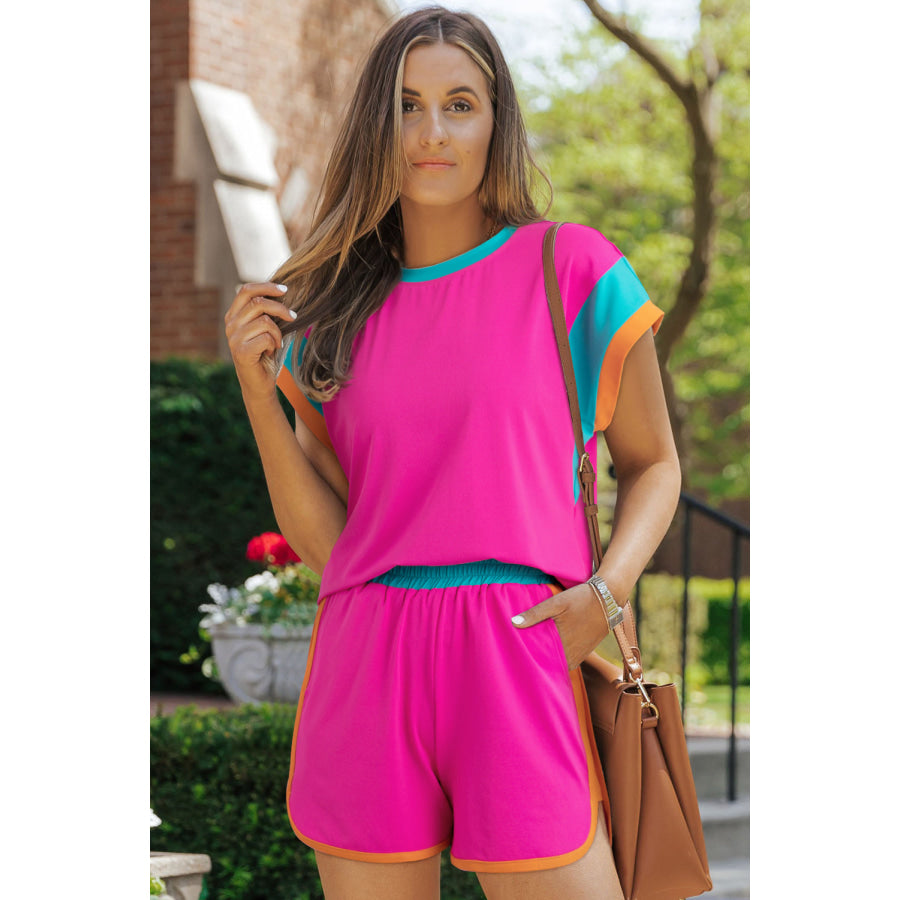 Contrast Round Neck Top and Shorts Set Apparel Accessories