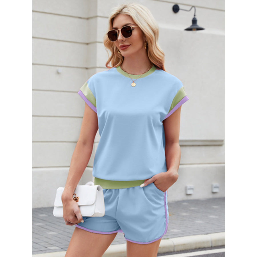 Contrast Round Neck Top and Shorts Set Apparel and Accessories