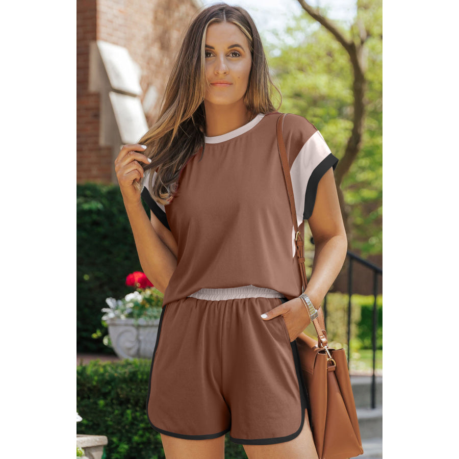 Contrast Round Neck Top and Shorts Set Taupe / S Apparel and Accessories