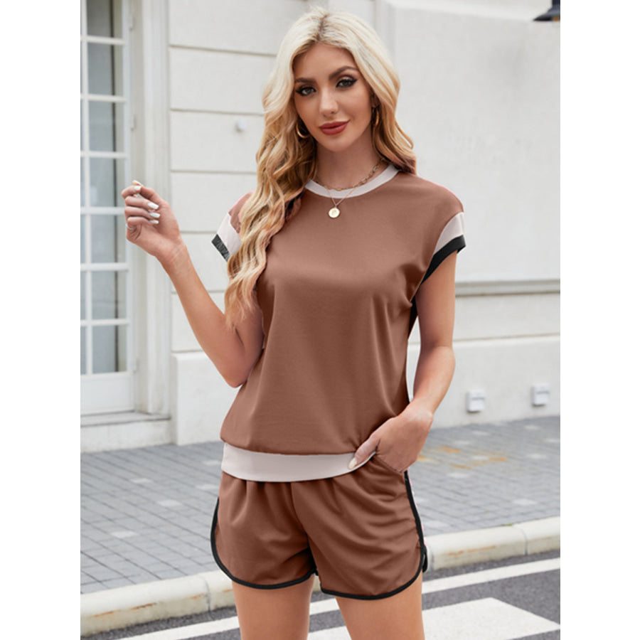 Contrast Round Neck Top and Shorts Set Brown / S Apparel and Accessories