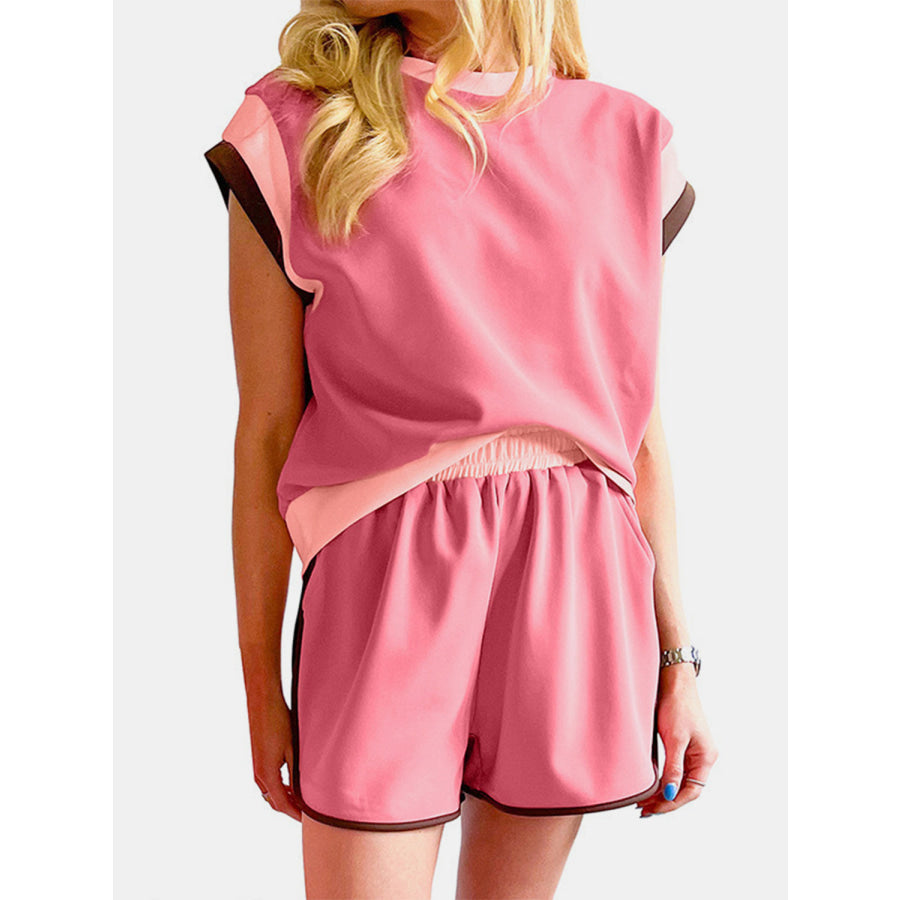 Contrast Round Neck Top and Shorts Set Coral / S Apparel and Accessories