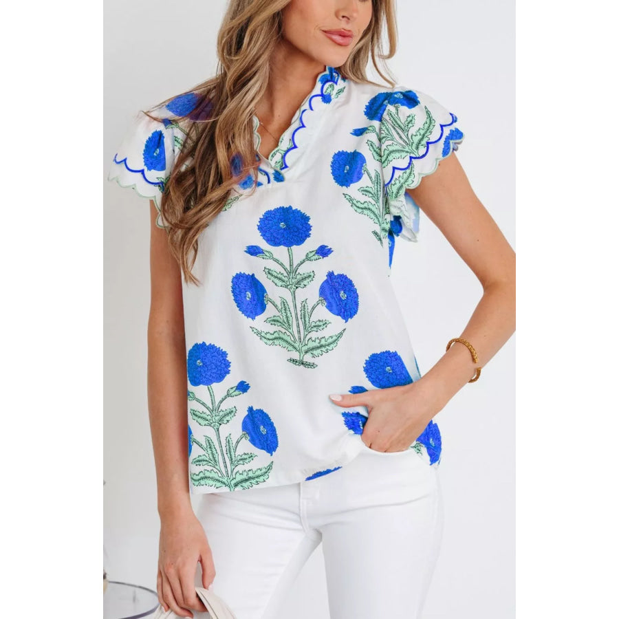 Contrast Scallop Trim Layered Short Sleeve V Neck Blouse Apparel and Accessories