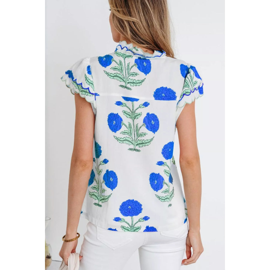 Contrast Scallop Trim Layered Short Sleeve V Neck Blouse Apparel and Accessories