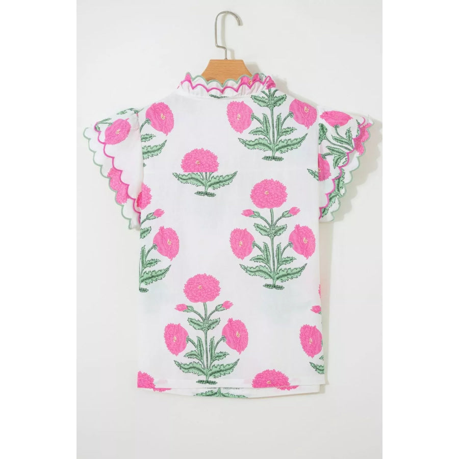 Contrast Scallop Trim Layered Short Sleeve V Neck Blouse Apparel and Accessories