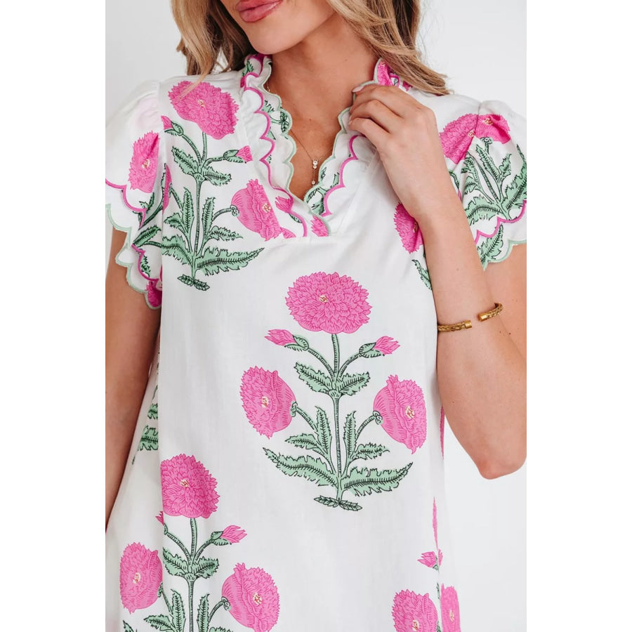 Contrast Scallop Trim Layered Short Sleeve V Neck Blouse Apparel and Accessories