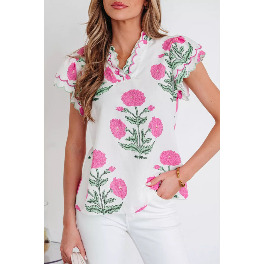 Contrast Scallop Trim Layered Short Sleeve V Neck Blouse Apparel and Accessories