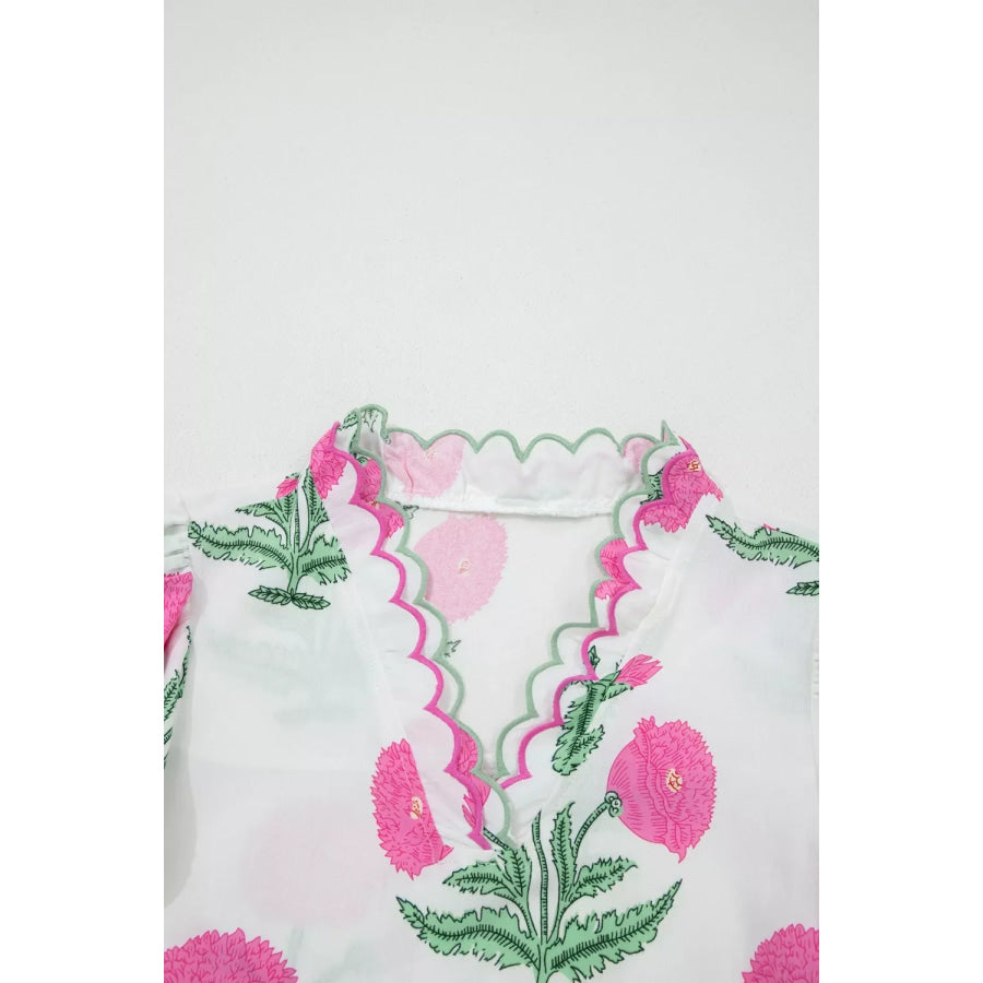 Contrast Scallop Trim Layered Short Sleeve V Neck Blouse Apparel and Accessories