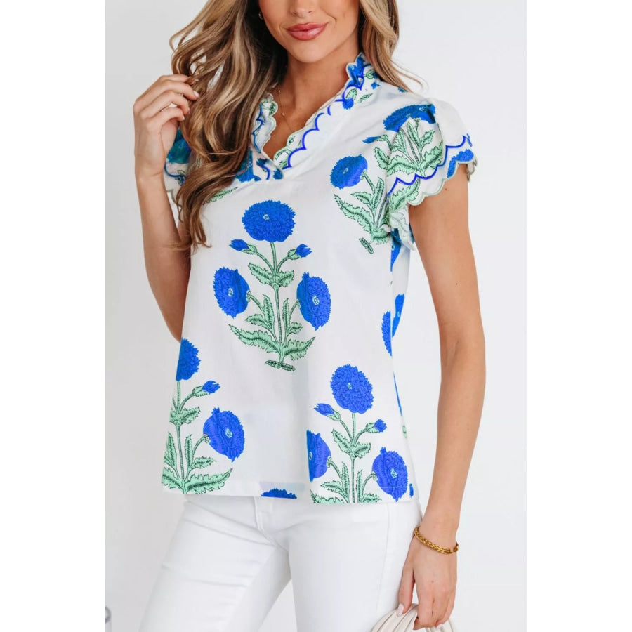 Contrast Scallop Trim Layered Short Sleeve V Neck Blouse Apparel and Accessories