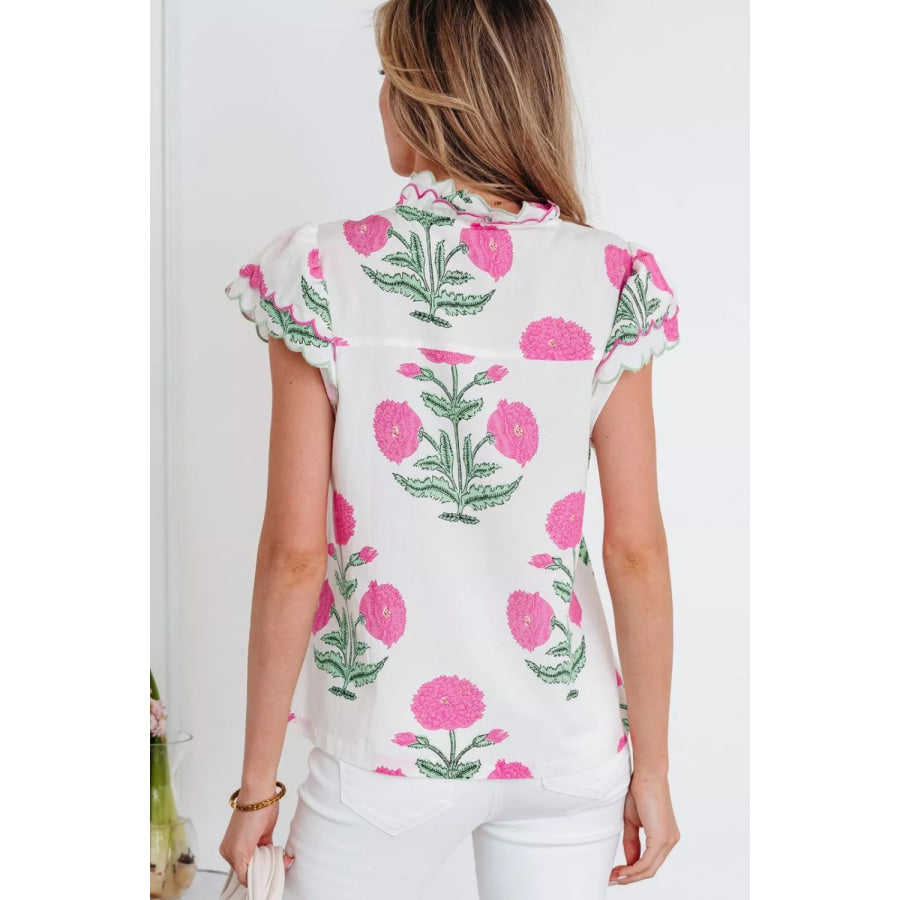 Contrast Scallop Trim Layered Short Sleeve V Neck Blouse Apparel and Accessories