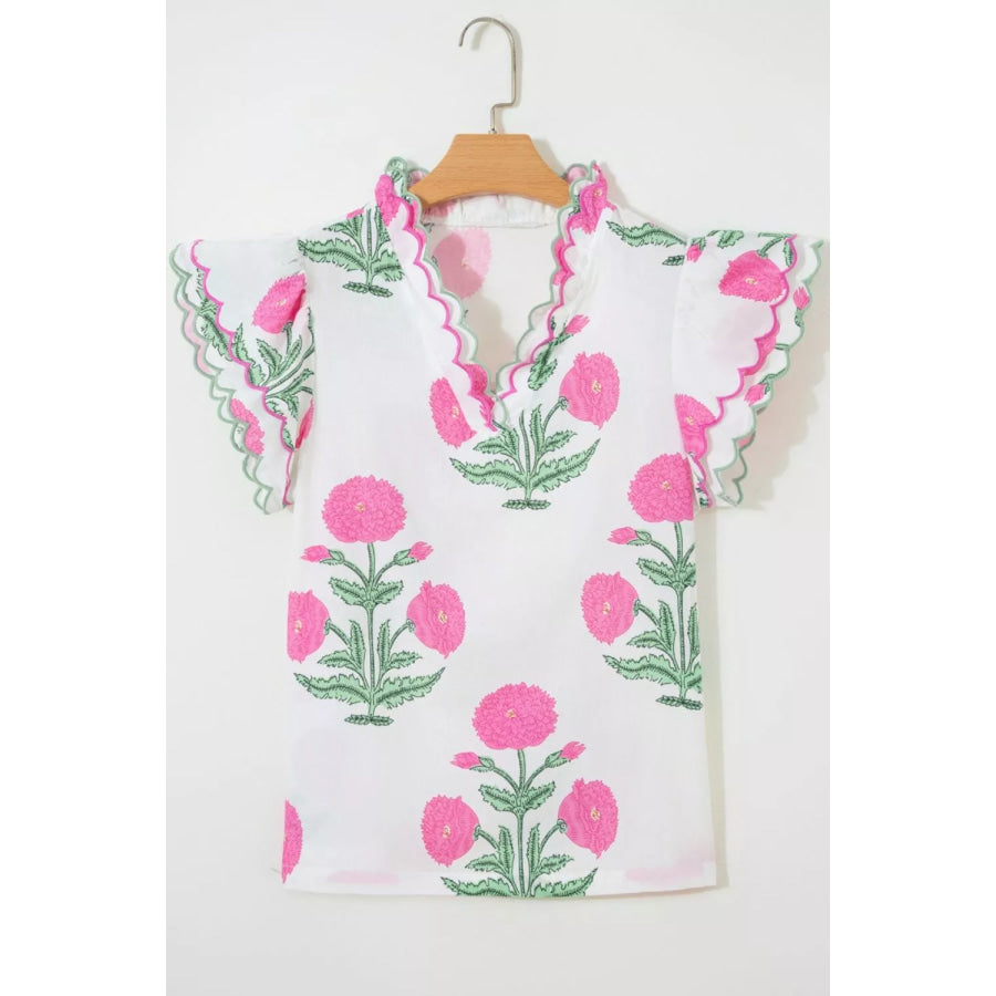 Contrast Scallop Trim Layered Short Sleeve V Neck Blouse Apparel and Accessories