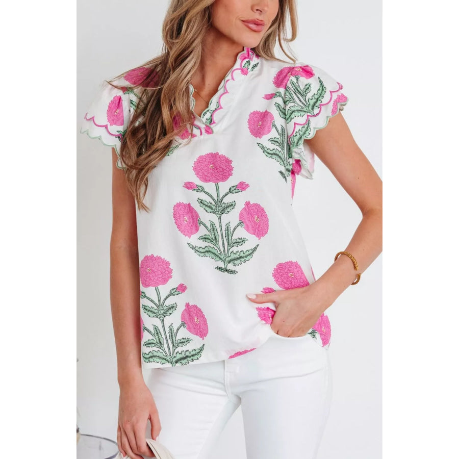 Contrast Scallop Trim Layered Short Sleeve V Neck Blouse Apparel and Accessories