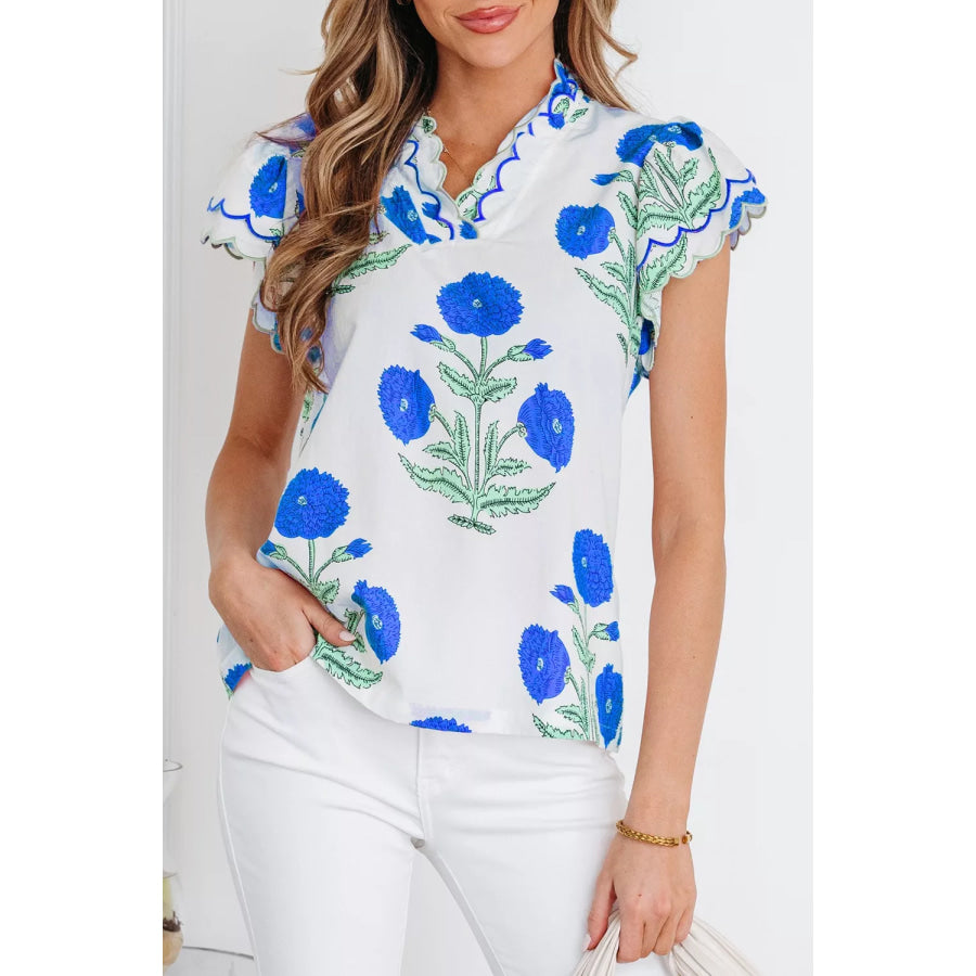 Contrast Scallop Trim Layered Short Sleeve V Neck Blouse Blue / S Apparel and Accessories