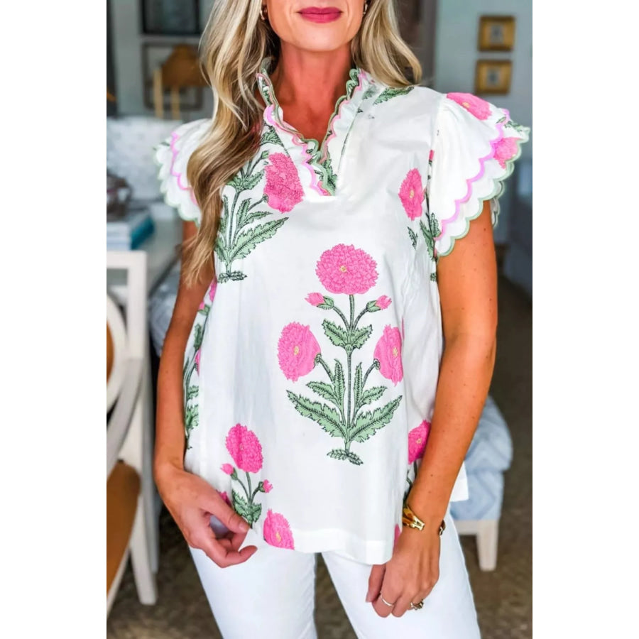Contrast Scallop Trim Layered Short Sleeve V Neck Blouse Dusty Pink / S Apparel and Accessories