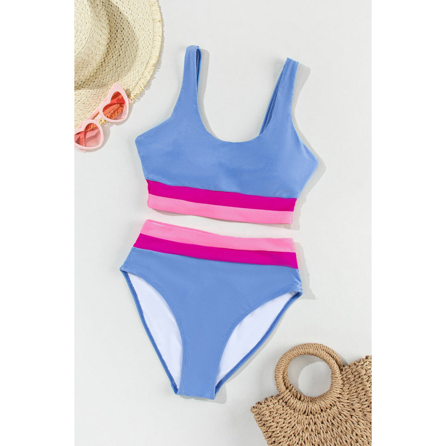 Contrast Scoop Neck Two - Piece Swim Set Dusty Blue / S Apparel and Accessories