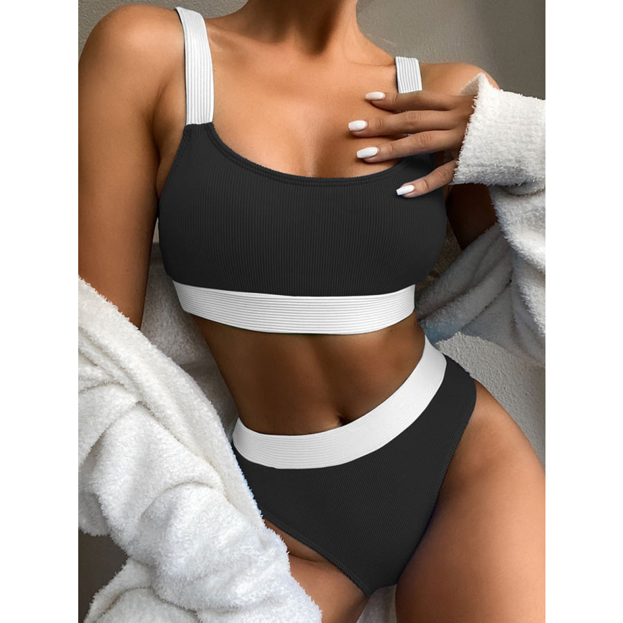 Contrast Scoop Neck Wide Strap Two - Piece Swim Set Black / S Apparel and Accessories