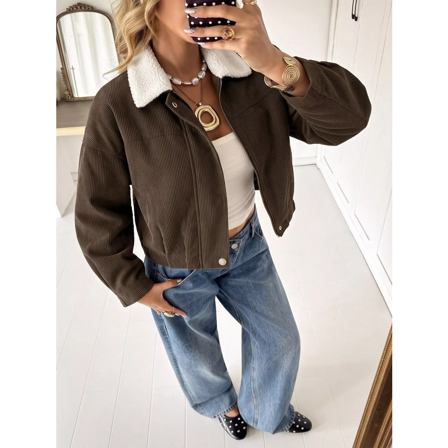Contrast Sherpa Collar Corduroy Zip Up Jacket Apparel and Accessories