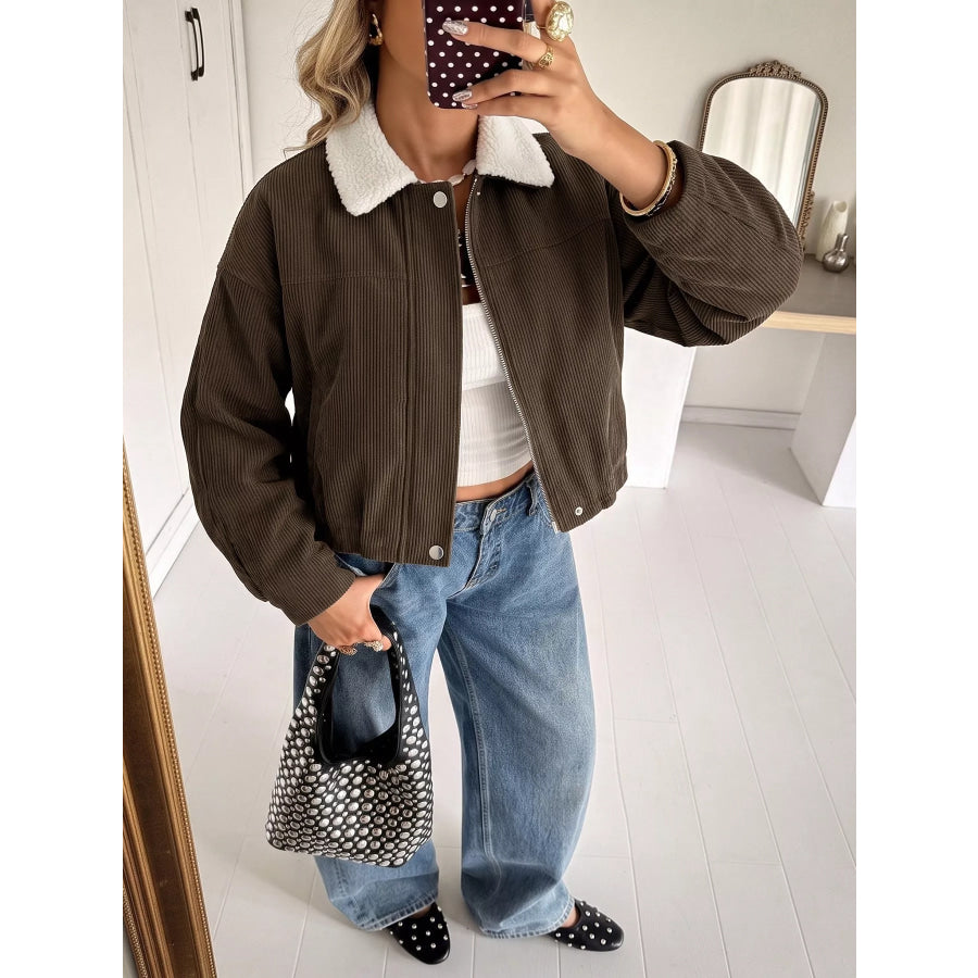 Contrast Sherpa Collar Corduroy Zip Up Jacket Apparel and Accessories