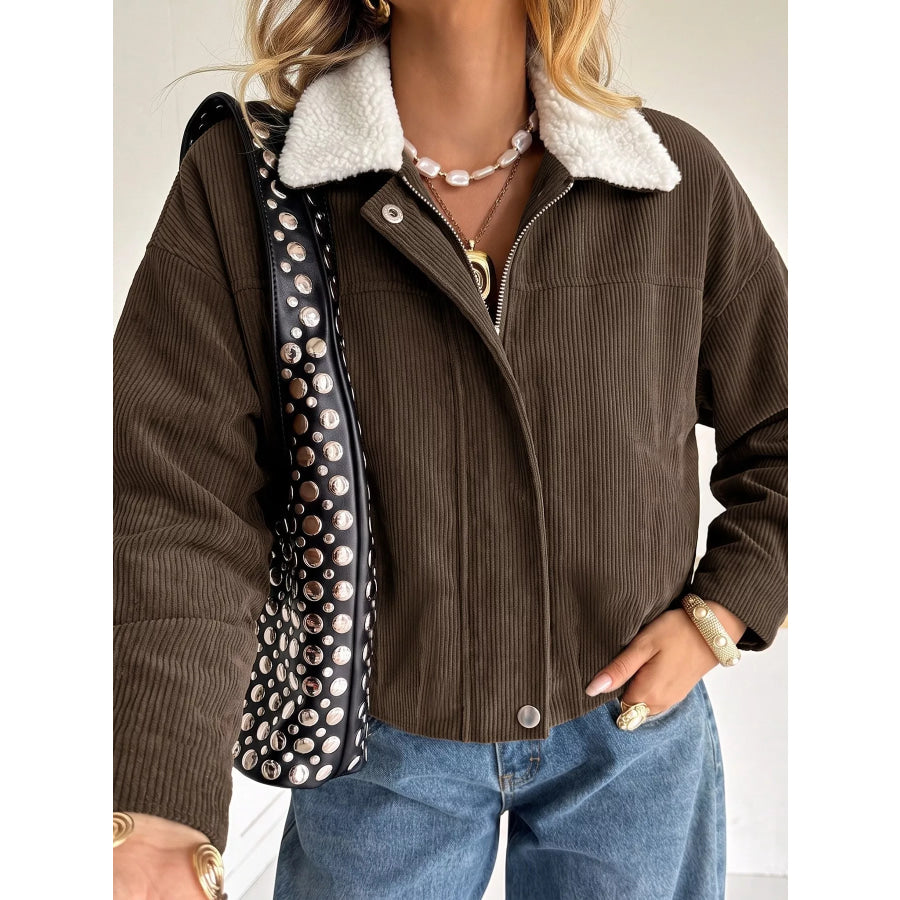 Contrast Sherpa Collar Corduroy Zip Up Jacket Apparel and Accessories