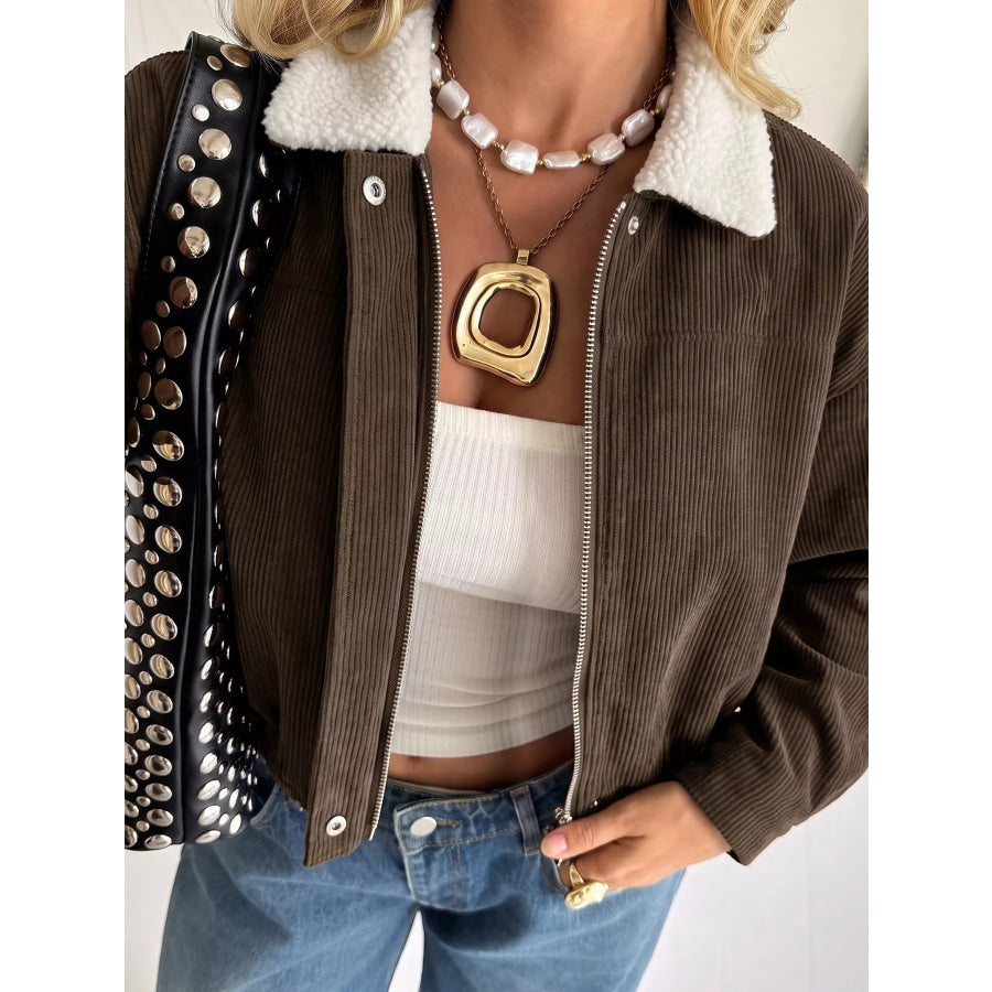 Contrast Sherpa Collar Corduroy Zip Up Jacket Apparel and Accessories