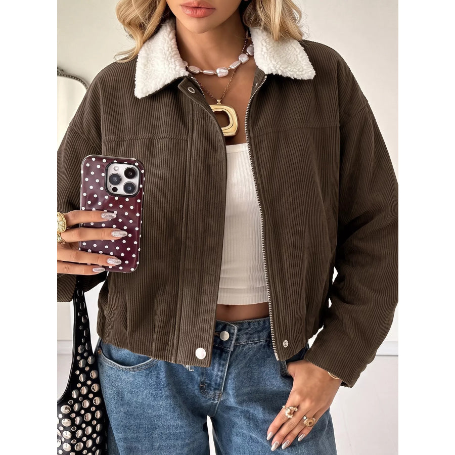Contrast Sherpa Collar Corduroy Zip Up Jacket Brown / S Apparel and Accessories