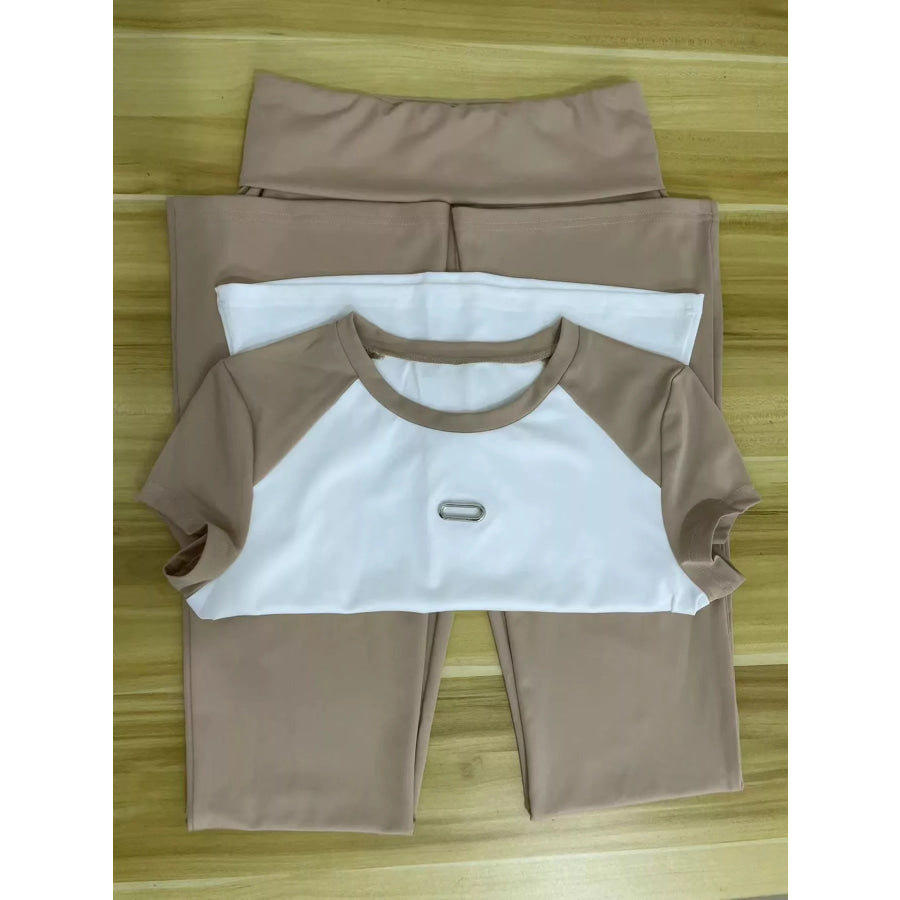 Contrast Short Sleeve Tee and Pants Set Camel / S Apparel and Accessories