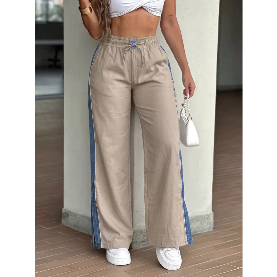 Contrast Side Panel Wide Leg Pants Khaki / S Apparel and Accessories