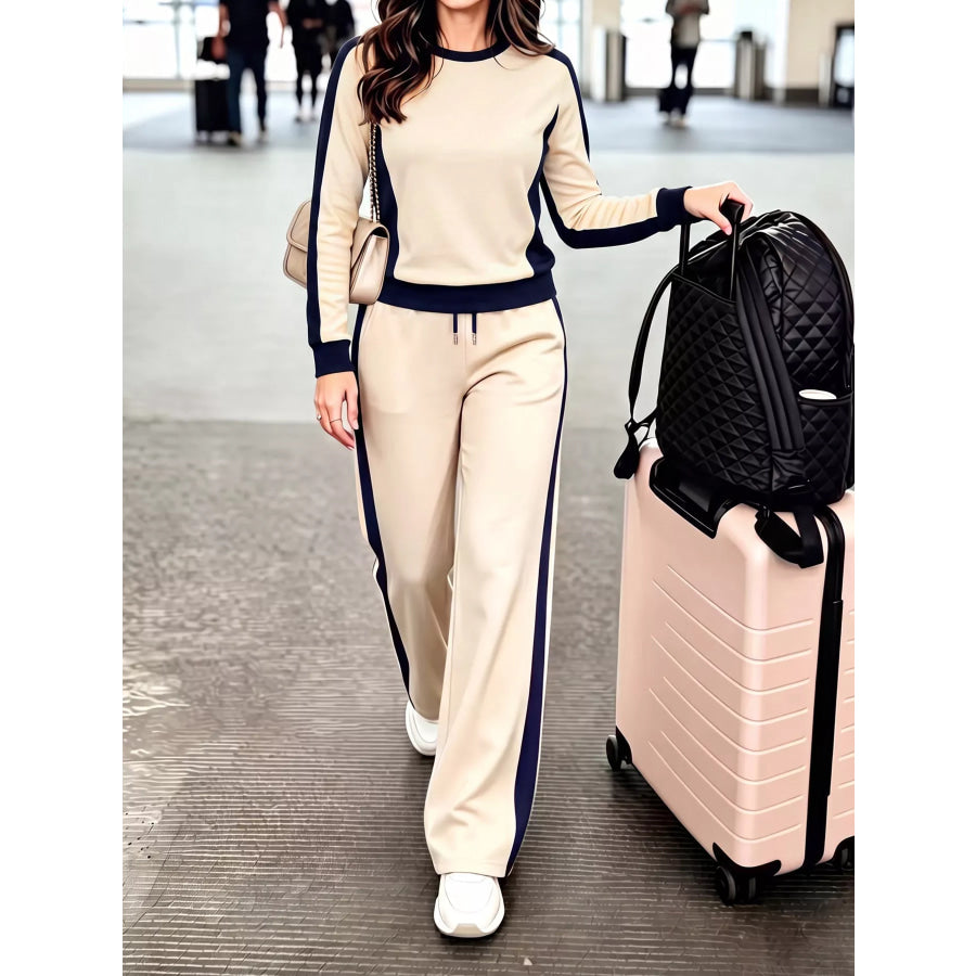 Contrast Side Stripes Top and Pants Set Apricot / S Apparel and Accessories