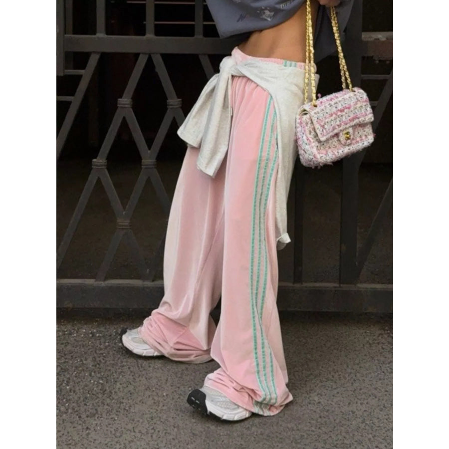 Contrast Side Stripes Wide-Leg Pants Pink / S Apparel and Accessories
