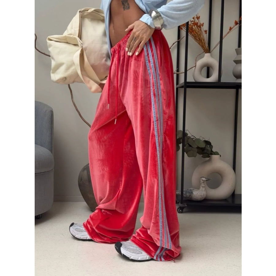 Contrast Side Stripes Wide-Leg Pants Red / S Apparel and Accessories