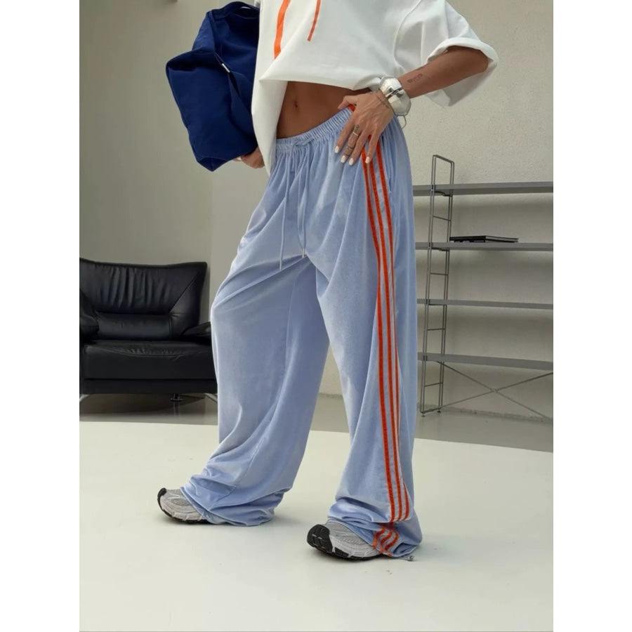 Contrast Side Stripes Wide-Leg Pants Sky Blue / S Apparel and Accessories