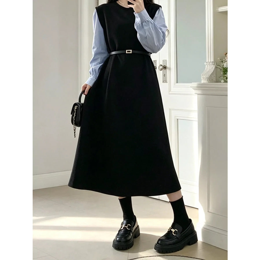 Contrast Sleeve A-Line Dress with Belt Apparel and Accessories