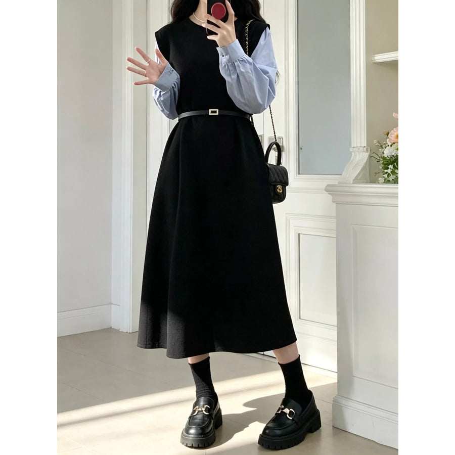 Contrast Sleeve A-Line Dress with Belt Apparel and Accessories