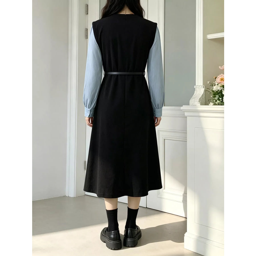 Contrast Sleeve A-Line Dress with Belt Apparel and Accessories
