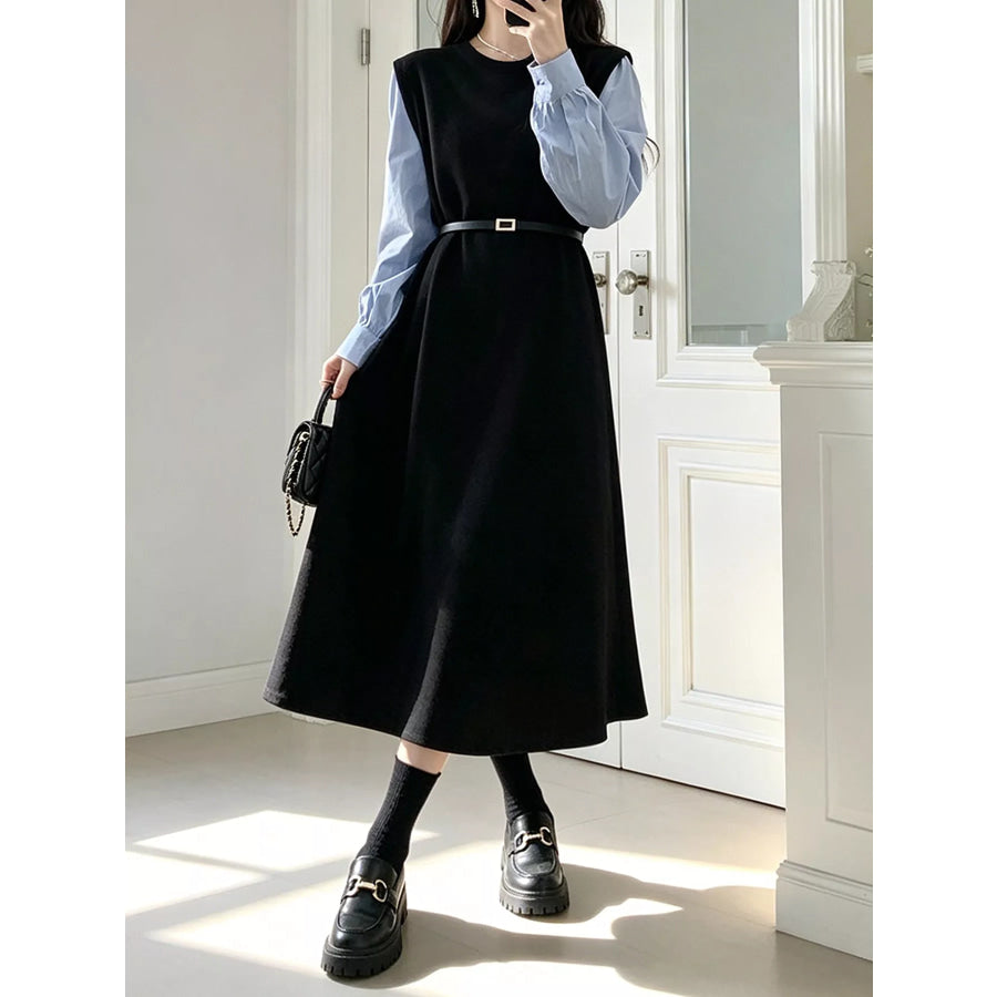 Contrast Sleeve A-Line Dress with Belt Black / M Apparel and Accessories