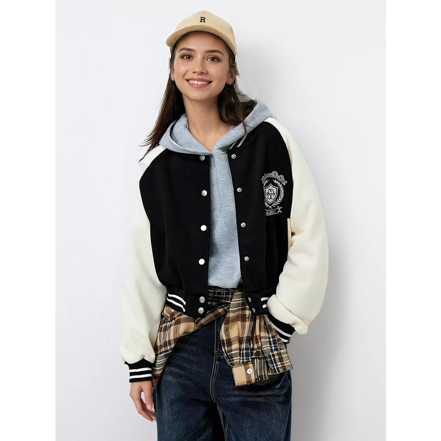 Contrast Sleeve Snap Down Jacket Black / One Size Apparel and Accessories