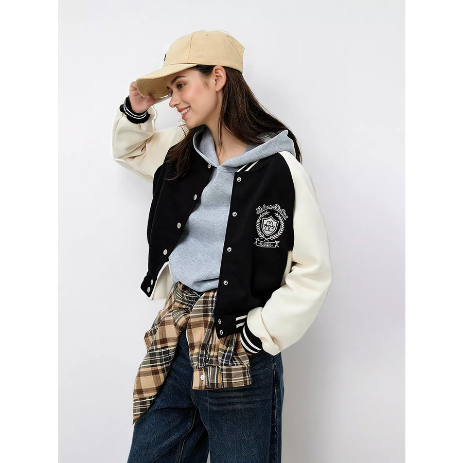 Contrast Sleeve Snap Down Jacket Black / One Size Apparel and Accessories